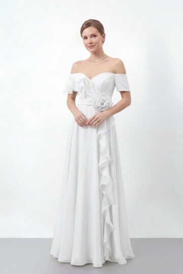 Gül Detaylı Volanlı Şifon Uzun Abiye - 1996