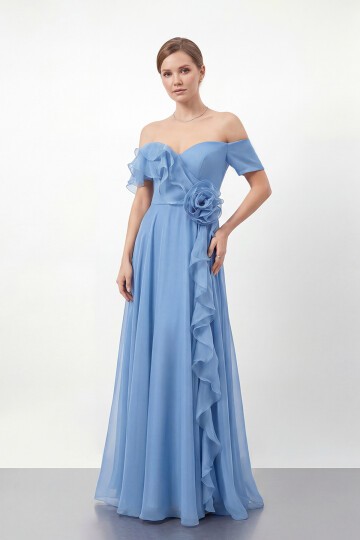 Gül Detaylı Volanlı Şifon Uzun Abiye - 1996