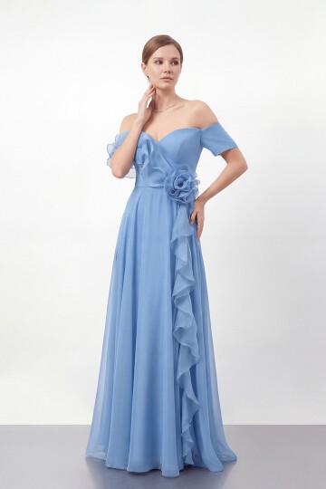 Gül Detaylı Volanlı Şifon Uzun Abiye - 1996