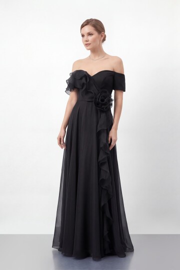 Gül Detaylı Volanlı Şifon Uzun Abiye - 1996