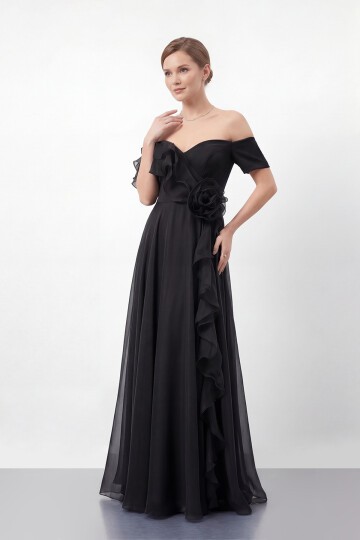 Gül Detaylı Volanlı Şifon Uzun Abiye - 1996