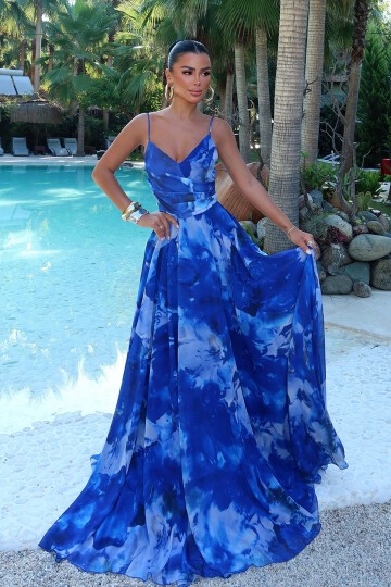 İnce Askılı Desenli Elbise - 1836