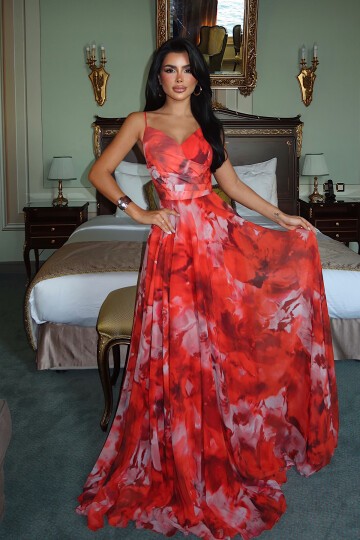 İnce Askılı Desenli Elbise - 1836