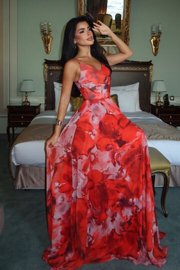 İnce Askılı Desenli Elbise - 1836