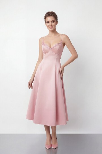 İnce Askılı Taş İşlemeli Midi Abiye  - 2048