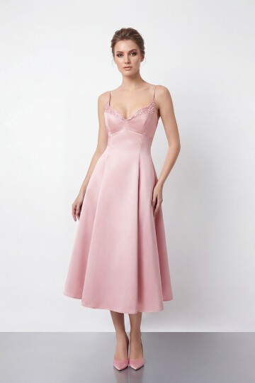 İnce Askılı Taş İşlemeli Midi Abiye  - 2048