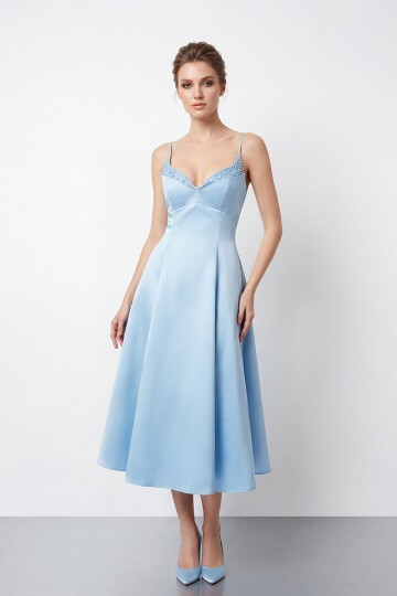 İnce Askılı Taş İşlemeli Midi Abiye  - 2048