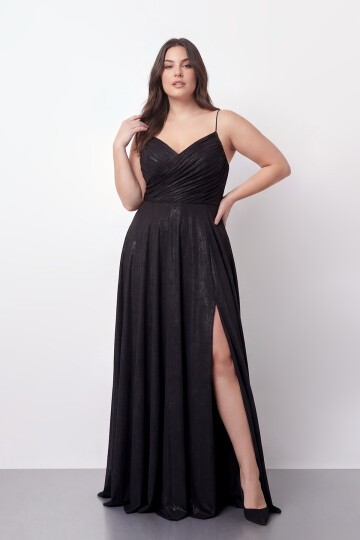 Işıltılı Büzgü Detaylı Büyük Beden Yırtmaçlı Elbise - 2057