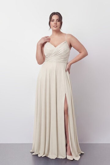 Işıltılı Büzgü Detaylı Büyük Beden Yırtmaçlı Elbise - 2057