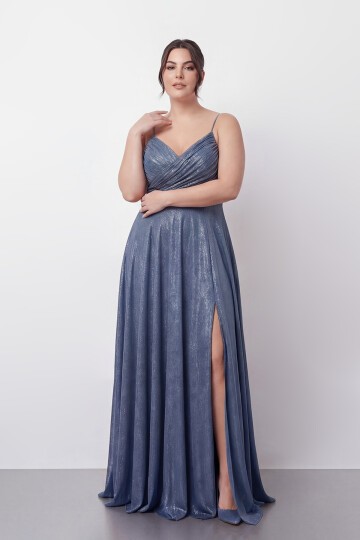 Işıltılı Büzgü Detaylı Büyük Beden Yırtmaçlı Elbise - 2057