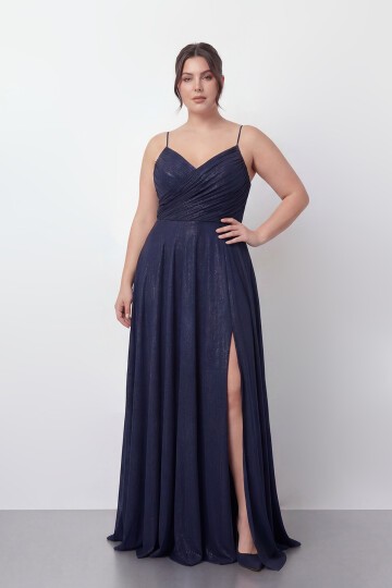 Işıltılı Büzgü Detaylı Büyük Beden Yırtmaçlı Elbise - 2057