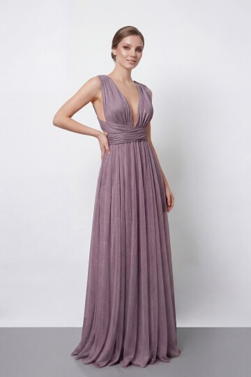 Işıltılı Derin V Yaka Pileli Abiye - 2043