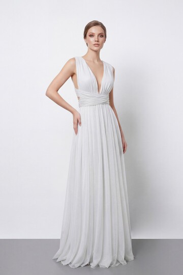 Işıltılı Derin V Yaka Pileli Abiye - 2043