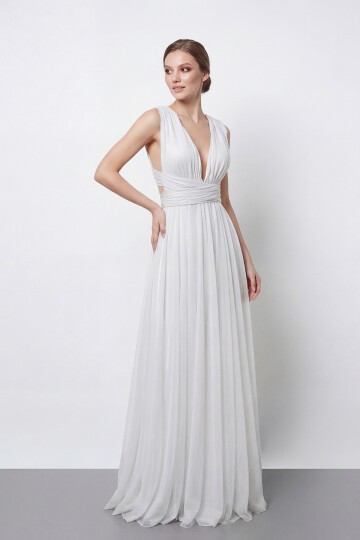 Işıltılı Derin V Yaka Pileli Abiye - 2043