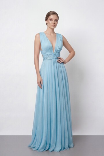 Işıltılı Derin V Yaka Pileli Abiye - 2043