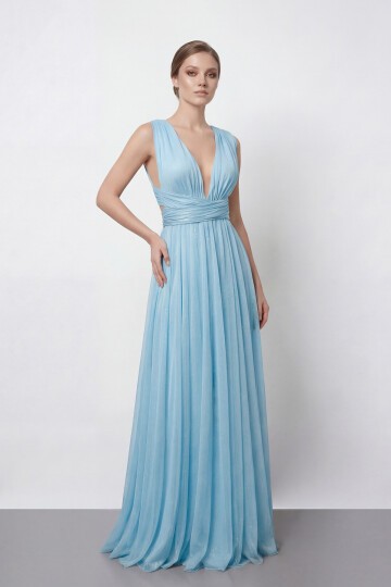 Işıltılı Derin V Yaka Pileli Abiye - 2043