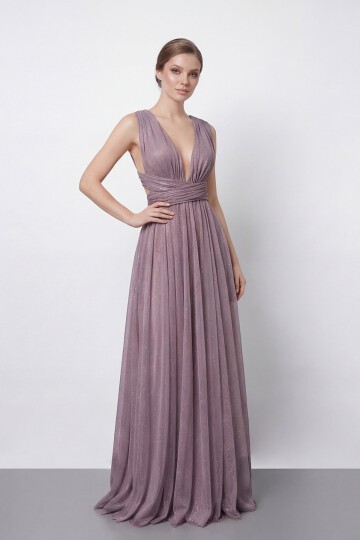 Işıltılı Derin V Yaka Pileli Abiye - 2043