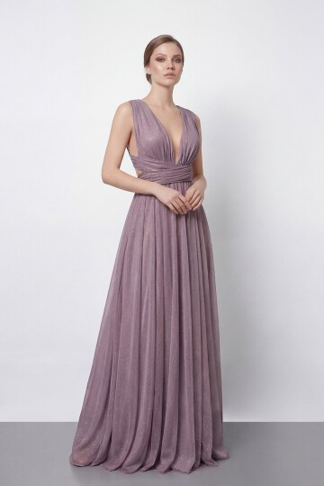 Işıltılı Derin V Yaka Pileli Abiye - 2043