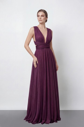 Işıltılı Derin V Yaka Pileli Abiye - 2043