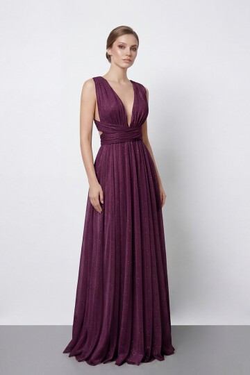 Işıltılı Derin V Yaka Pileli Abiye - 2043