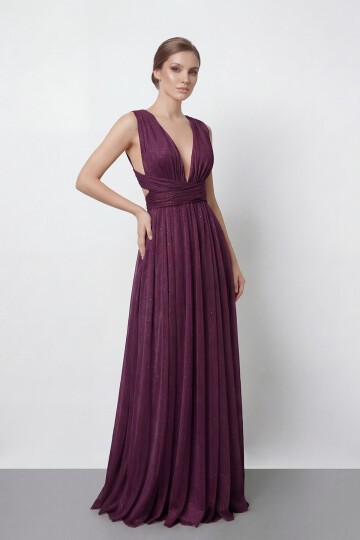 Işıltılı Derin V Yaka Pileli Abiye - 2043