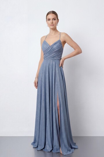 Işıltılı İp Askılı Drapeli Elbise - 2052