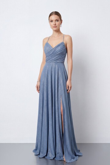 Işıltılı İp Askılı Drapeli Elbise - 2052