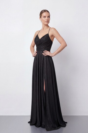 Işıltılı İp Askılı Drapeli Elbise - 2052