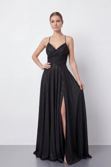 Işıltılı İp Askılı Drapeli Elbise - 2052