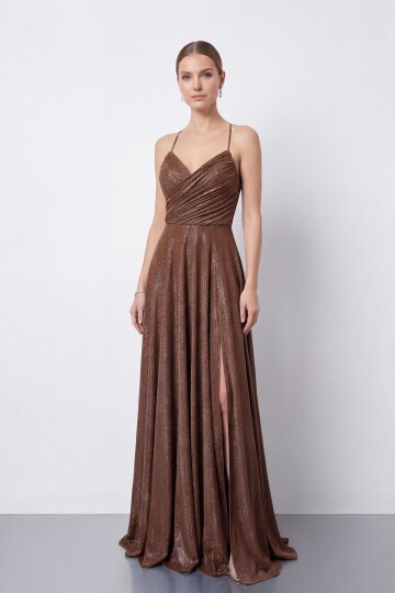 Işıltılı İp Askılı Drapeli Elbise - 2052