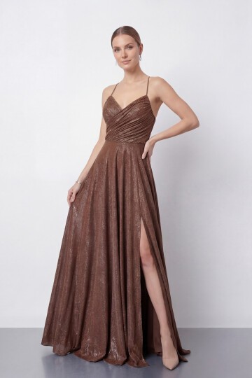 Işıltılı İp Askılı Drapeli Elbise - 2052