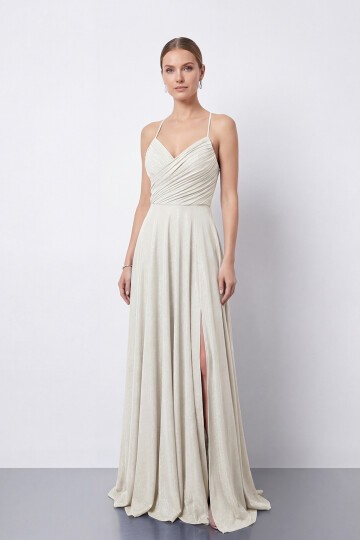 Işıltılı İp Askılı Drapeli Elbise - 2052