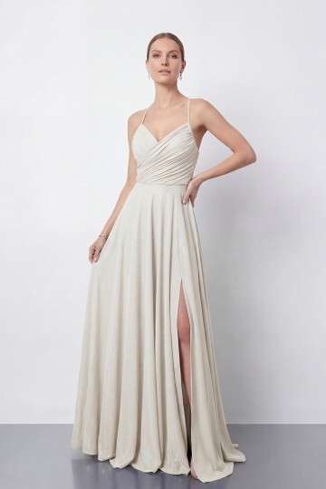 Işıltılı İp Askılı Drapeli Elbise - 2052