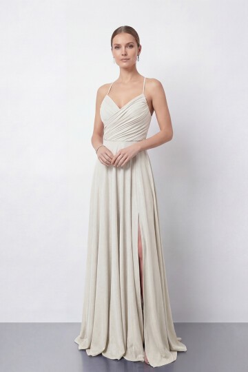 Işıltılı İp Askılı Drapeli Elbise - 2052