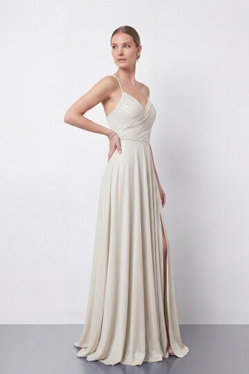 Işıltılı İp Askılı Drapeli Elbise - 2052