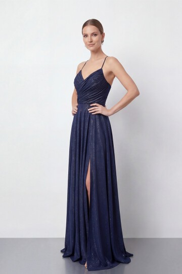 Işıltılı İp Askılı Drapeli Elbise - 2052