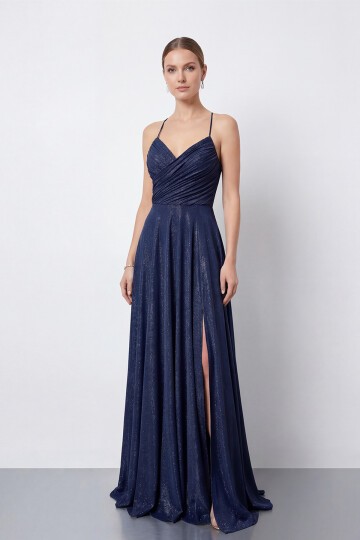 Işıltılı İp Askılı Drapeli Elbise - 2052