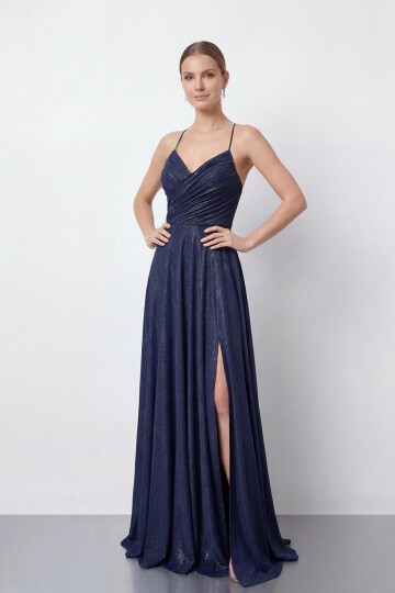 Işıltılı İp Askılı Drapeli Elbise - 2052