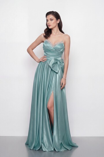 Işıltılı Yaka ve Fiyonk Detaylı Elbise - 2065