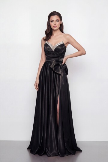 Işıltılı Yaka ve Fiyonk Detaylı Elbise - 2065