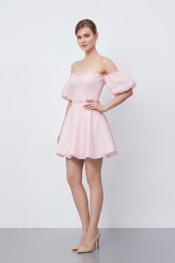 İşlemeli Balon Kollu Mini Elbise - 2035