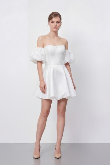 İşlemeli Balon Kollu Mini Elbise - 2035