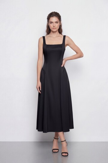 Kare Yaka A Kesim Midi Elbise - 2082