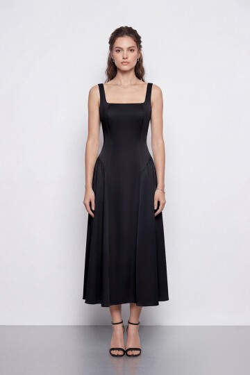 Kare Yaka A Kesim Midi Elbise - 2082