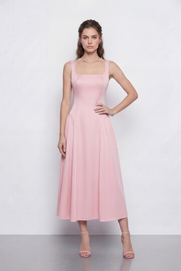 Kare Yaka A Kesim Midi Elbise - 2082