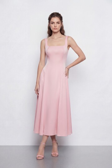 Kare Yaka A Kesim Midi Elbise - 2082