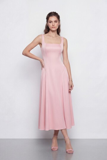 Kare Yaka A Kesim Midi Elbise - 2082