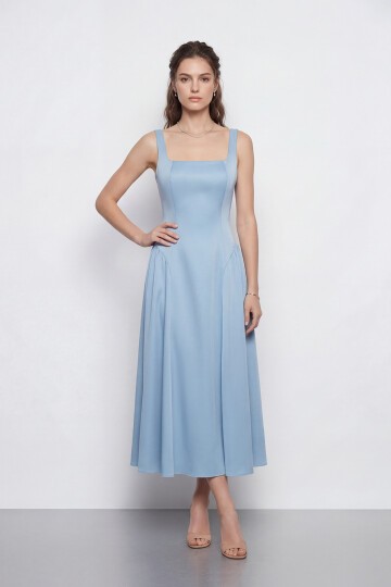 Kare Yaka A Kesim Midi Elbise - 2082