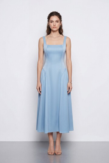 Kare Yaka A Kesim Midi Elbise - 2082