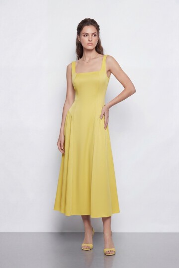 Kare Yaka A Kesim Midi Elbise - 2082